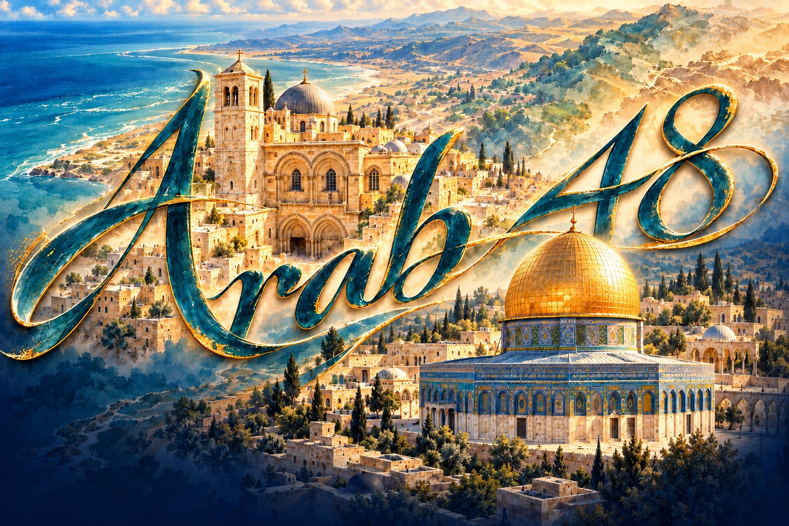 Arab 48 lettering in a watercolour of the coast and the Old City of Jerusalem, with the Church of the Holy Sepulchre and the Dome of the Rock
